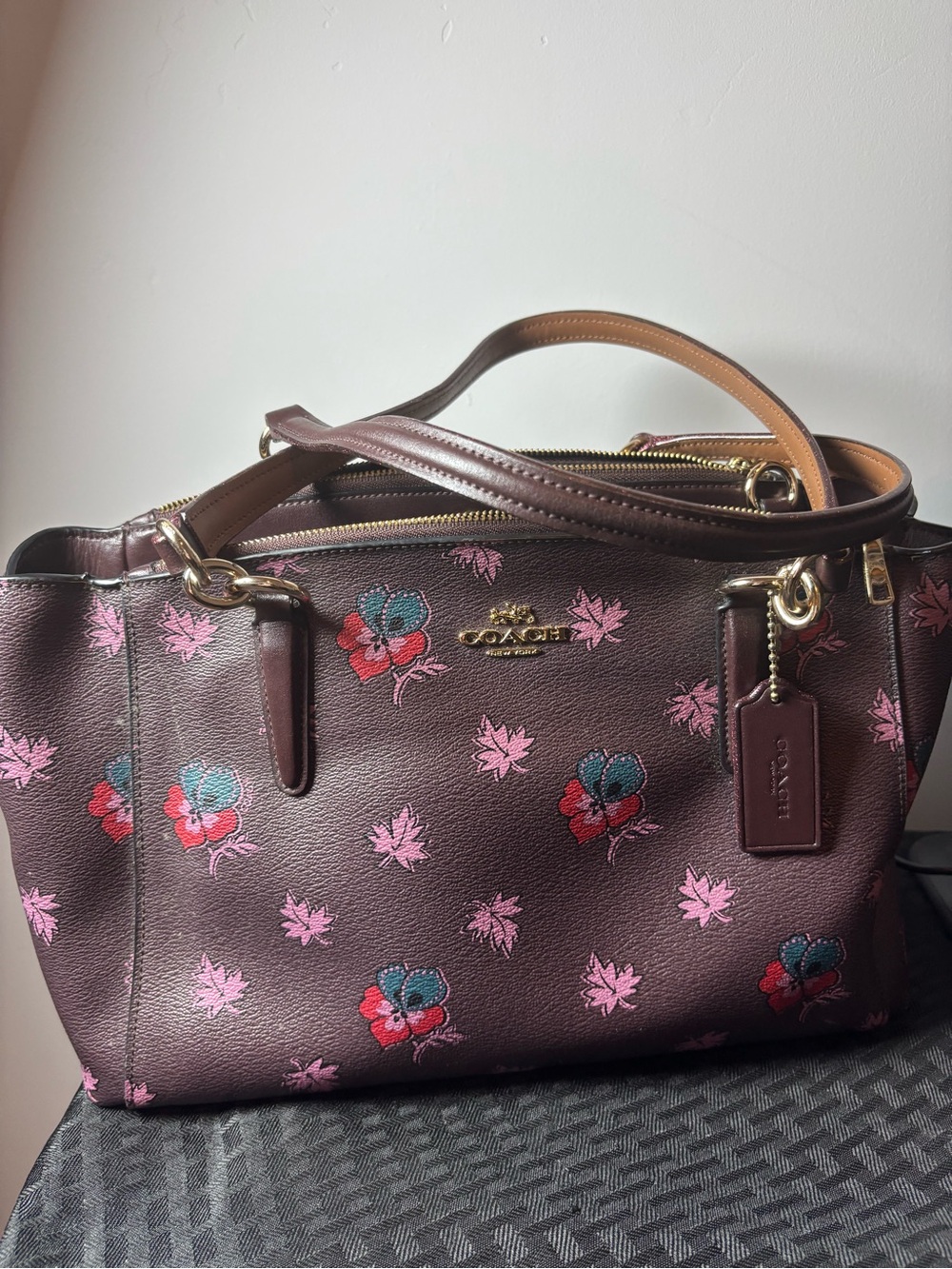 Coach Burgundy Floral Print Leather Satchel with Pink Accents